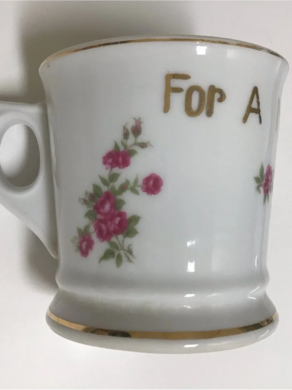 Vintage Shaving Mug FOR A LITTLE SHAVER Girl’s White Pink Roses Bouquet Ribbons